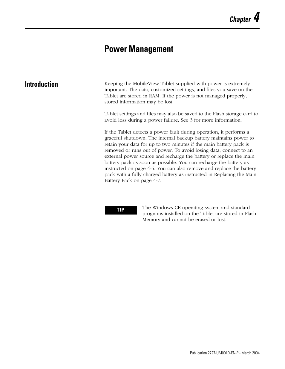 Chapter 4, Power management, Introduction | Introduction -1 | Rockwell Automation 2727-T7P30D1F MobileView Tablet T750 User Manual User Manual | Page 45 / 104