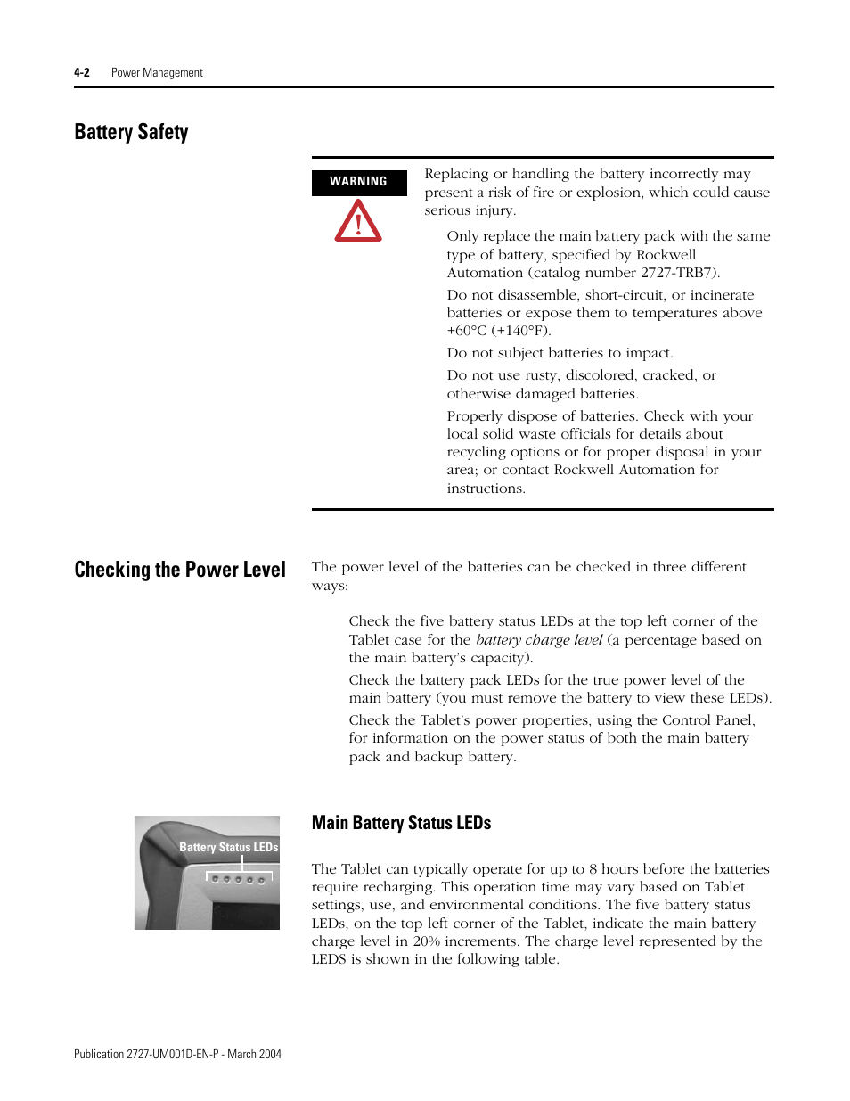 Battery safety, Checking the power level, Battery safety -2 checking the power level -2 | Main battery status leds -2, Battery safety checking the power level, Main battery status leds | Rockwell Automation 2727-T7P30D1F MobileView Tablet T750 User Manual User Manual | Page 46 / 104