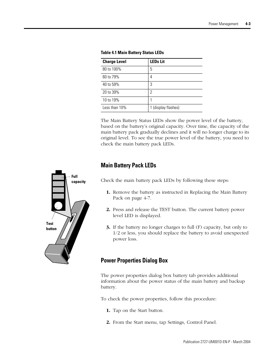 Table 4.1 main battery status leds, Main battery pack leds, Power properties dialog box | Rockwell Automation 2727-T7P30D1F MobileView Tablet T750 User Manual User Manual | Page 47 / 104
