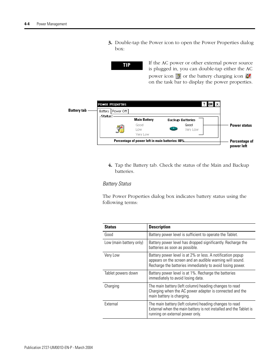 Battery status | Rockwell Automation 2727-T7P30D1F MobileView Tablet T750 User Manual User Manual | Page 48 / 104