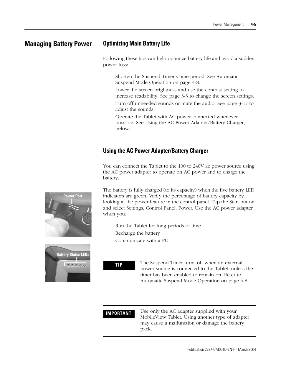 Managing battery power, Managing battery power -5, Optimizing main battery life | Using the ac power adapter/battery charger | Rockwell Automation 2727-T7P30D1F MobileView Tablet T750 User Manual User Manual | Page 49 / 104