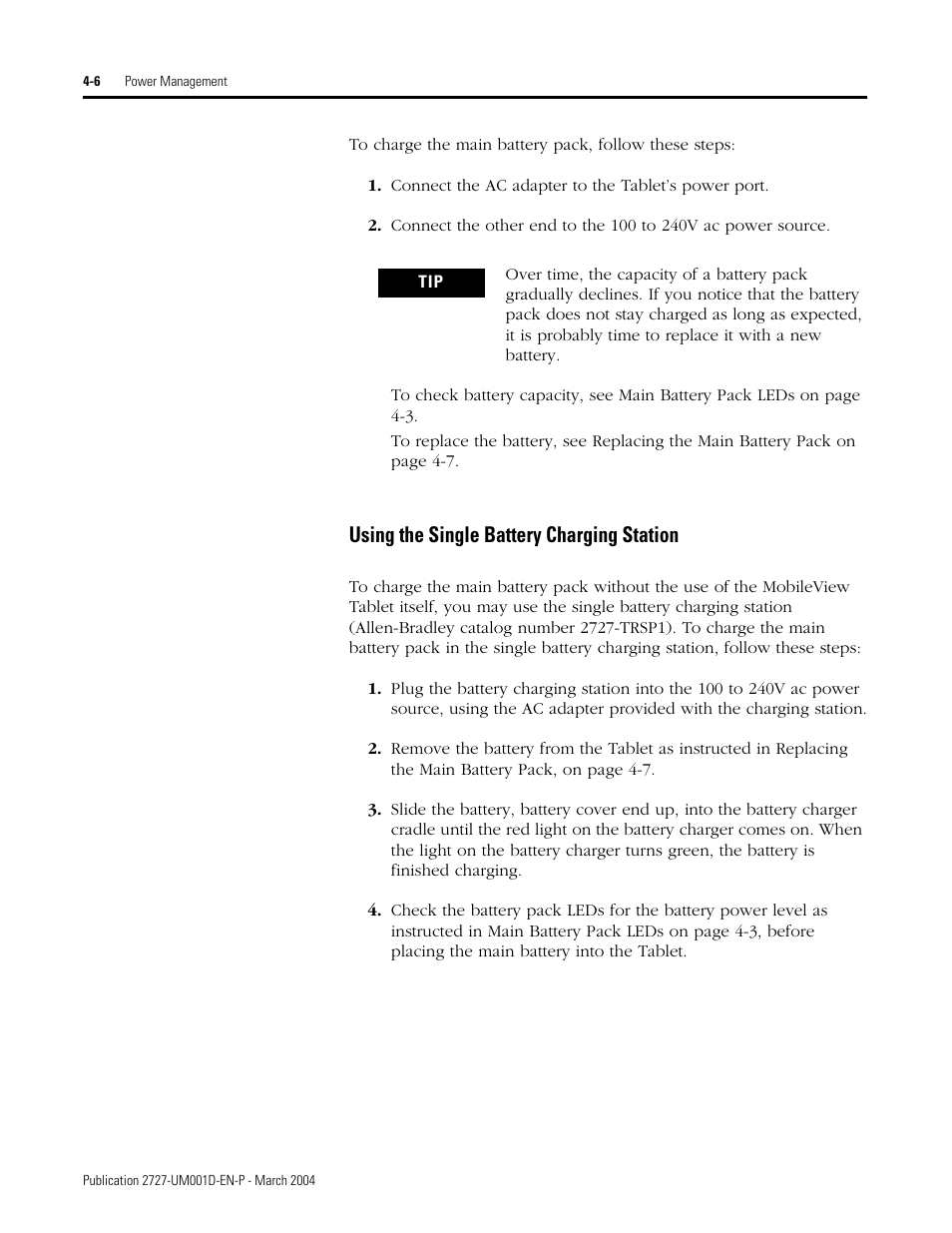 Using the single battery charging station -6, Using the single battery charging station | Rockwell Automation 2727-T7P30D1F MobileView Tablet T750 User Manual User Manual | Page 50 / 104