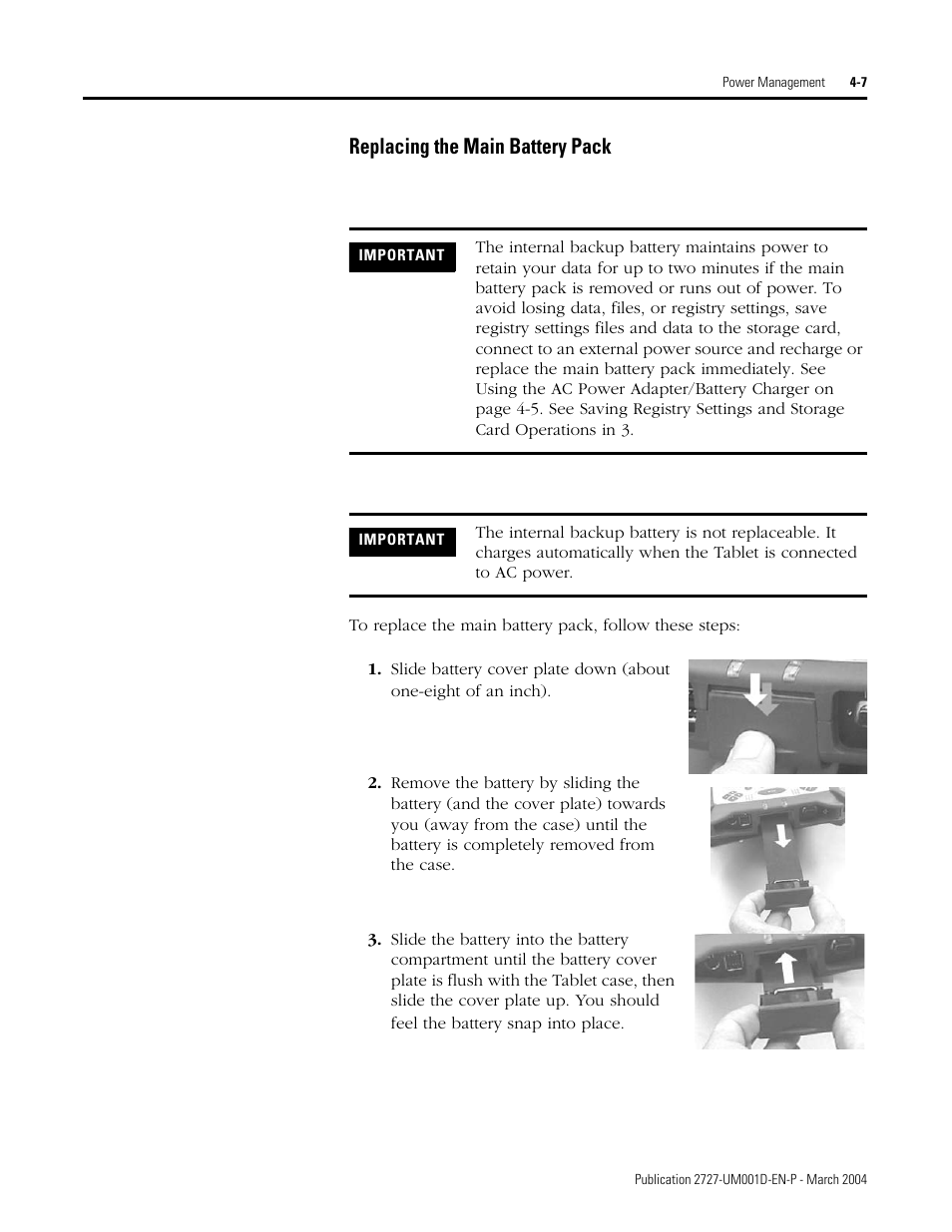 Replacing the main battery pack -7, Replacing the main battery pack o, Replacing the main battery pack | Replacing, The main battery pack | Rockwell Automation 2727-T7P30D1F MobileView Tablet T750 User Manual User Manual | Page 51 / 104