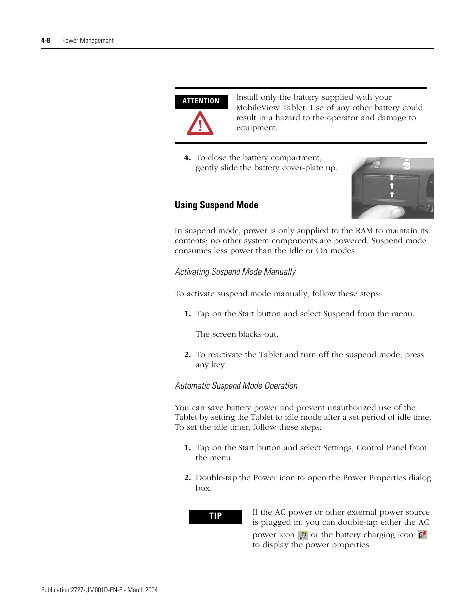 Activating suspend mode manually, Automatic suspend mode operation, Using suspend mode -8 | Automatic suspend mode operation on, Using suspend mode | Rockwell Automation 2727-T7P30D1F MobileView Tablet T750 User Manual User Manual | Page 52 / 104