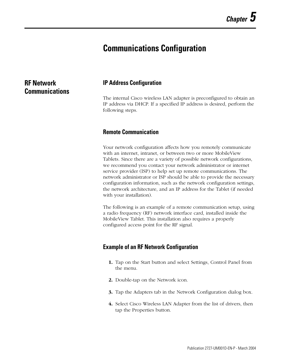 Chapter 5, Communications configuration, Rf network communications | Rf network communications -1, Chapter | Rockwell Automation 2727-T7P30D1F MobileView Tablet T750 User Manual User Manual | Page 55 / 104