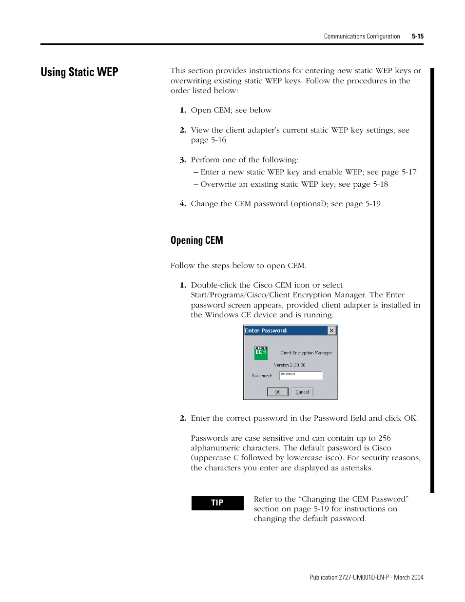 Using static wep, Using static wep -15, Opening cem -15 | Opening cem | Rockwell Automation 2727-T7P30D1F MobileView Tablet T750 User Manual User Manual | Page 69 / 104