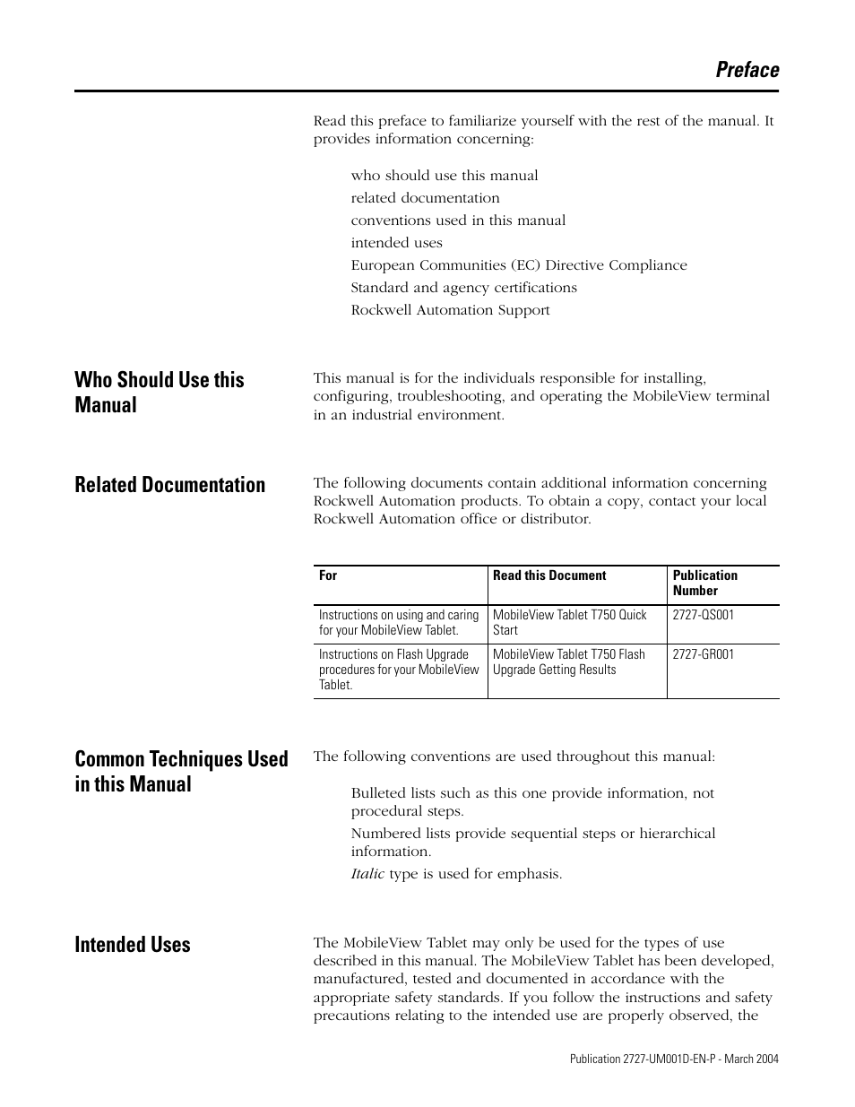 Preface, Who should use this manual, Related documentation | Common techniques used in this manual, Intended uses | Rockwell Automation 2727-T7P30D1F MobileView Tablet T750 User Manual User Manual | Page 7 / 104