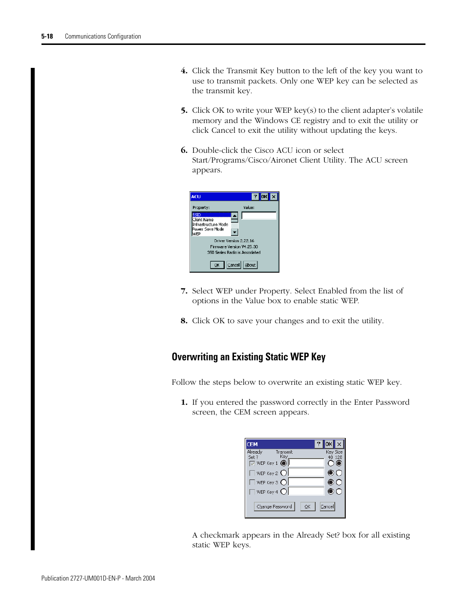 Overwriting an existing static wep key -18, Overwriting an existing static wep key | Rockwell Automation 2727-T7P30D1F MobileView Tablet T750 User Manual User Manual | Page 72 / 104