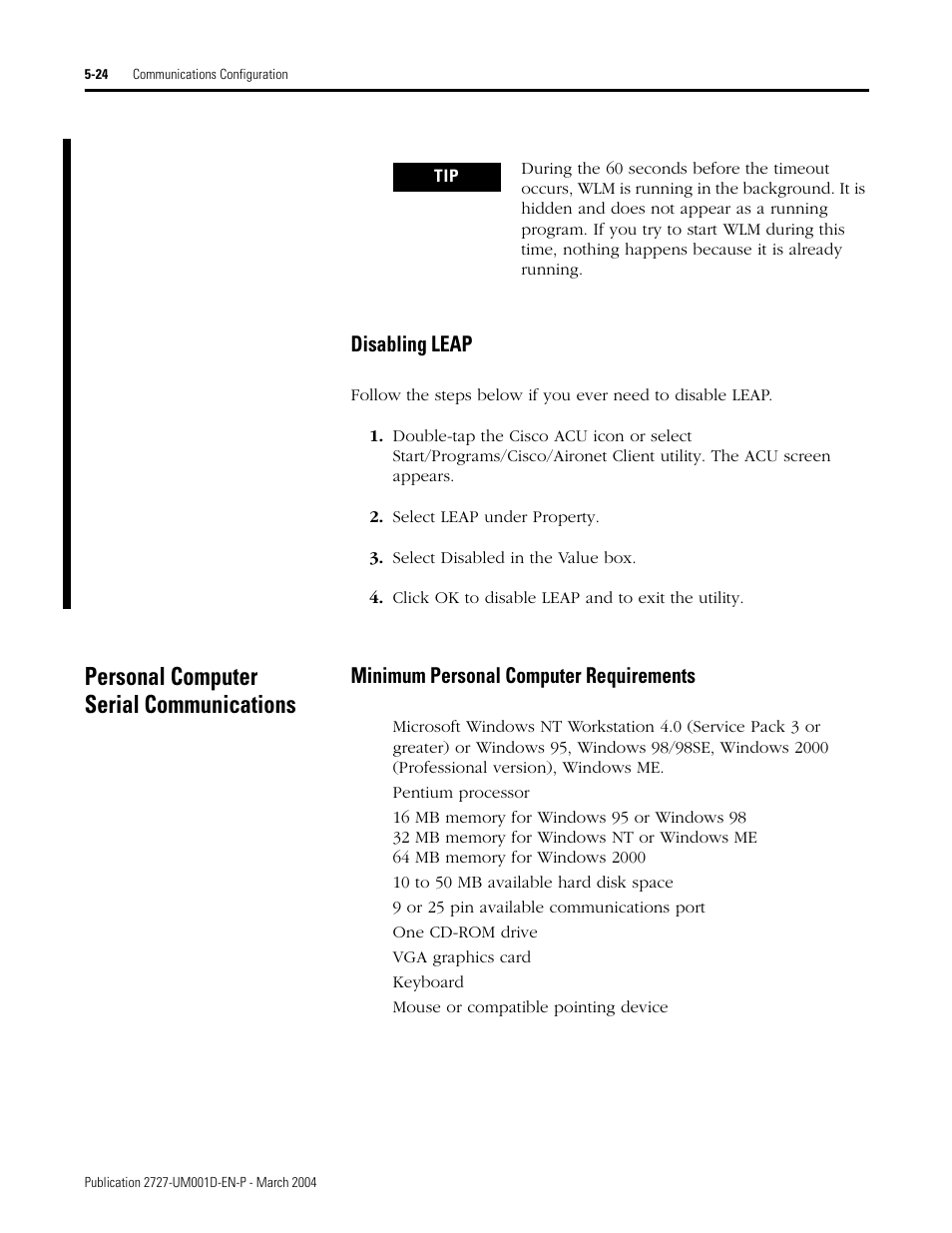 Personal computer serial communications, Disabling leap -24, Personal computer serial communications -24 | Minimum personal computer requirements -24, Disabling leap, Minimum personal computer requirements | Rockwell Automation 2727-T7P30D1F MobileView Tablet T750 User Manual User Manual | Page 78 / 104