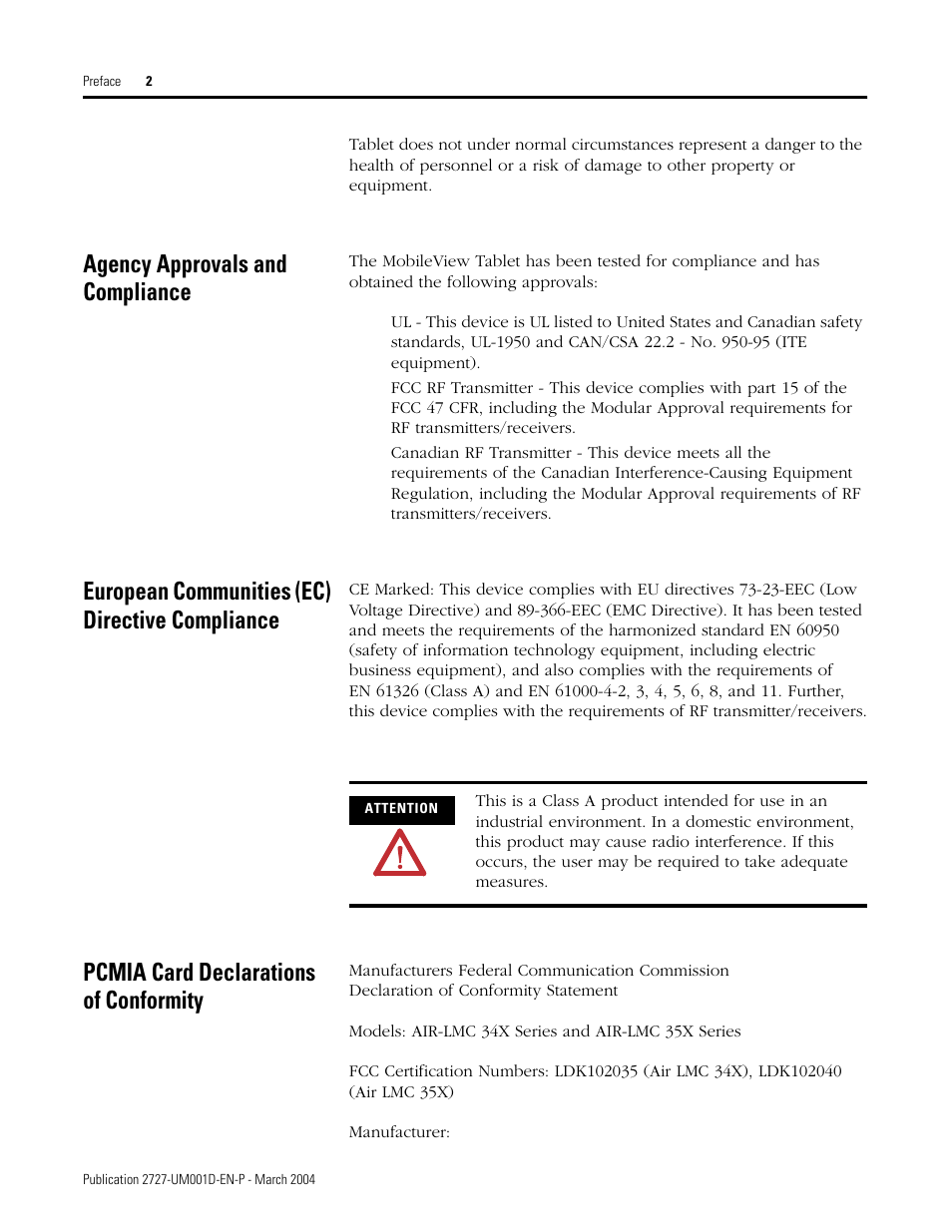 Agency approvals and compliance, European communities (ec) directive compliance, Pcmia card declarations of conformity | Rockwell Automation 2727-T7P30D1F MobileView Tablet T750 User Manual User Manual | Page 8 / 104