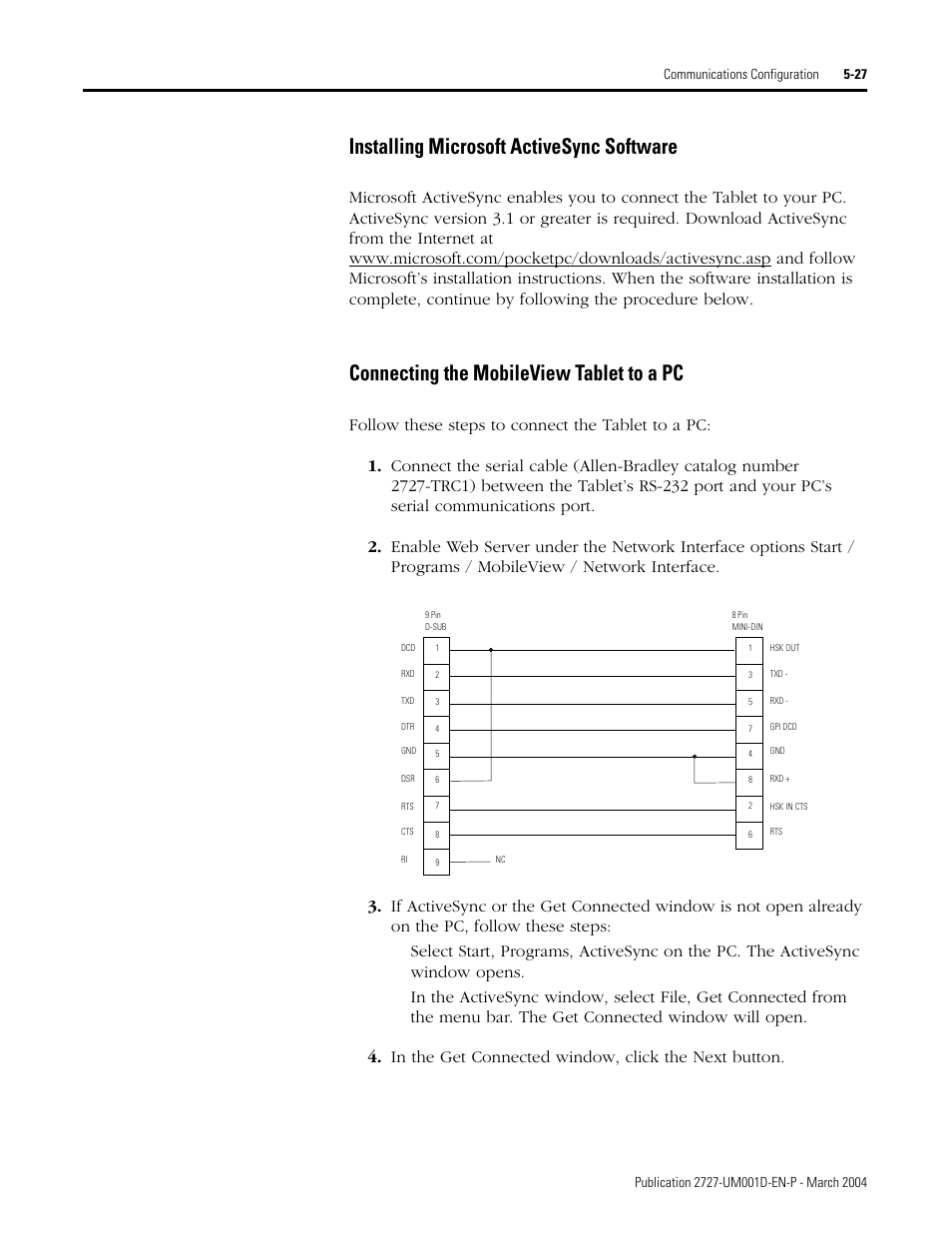 Installing microsoft activesync software, Connecting the mobileview tablet to a pc | Rockwell Automation 2727-T7P30D1F MobileView Tablet T750 User Manual User Manual | Page 81 / 104