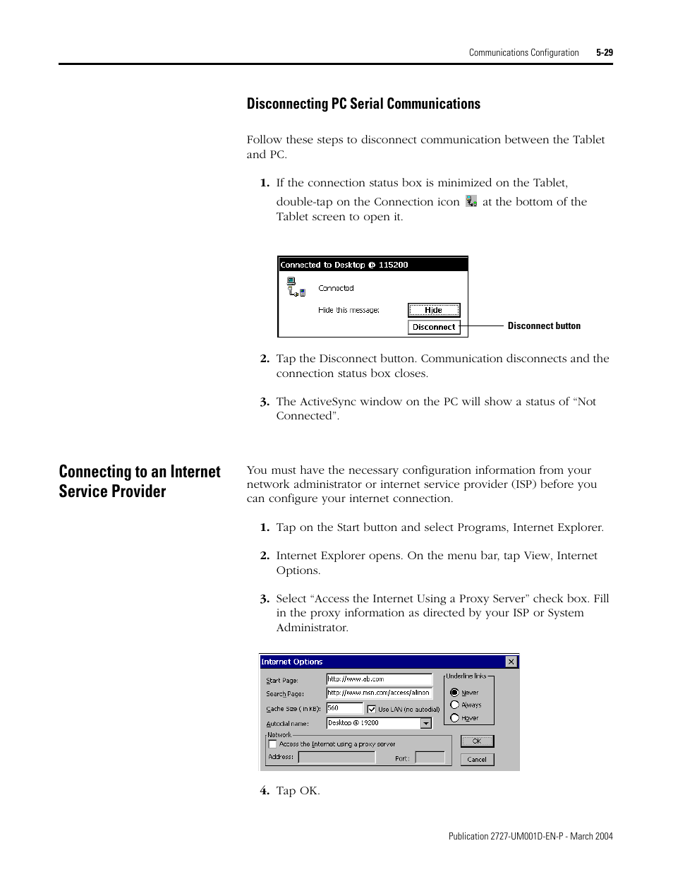 Connecting to an internet service provider, Disconnecting pc serial communications -29, Connecting to an internet service provider -29 | Disconnecting pc serial communications | Rockwell Automation 2727-T7P30D1F MobileView Tablet T750 User Manual User Manual | Page 83 / 104