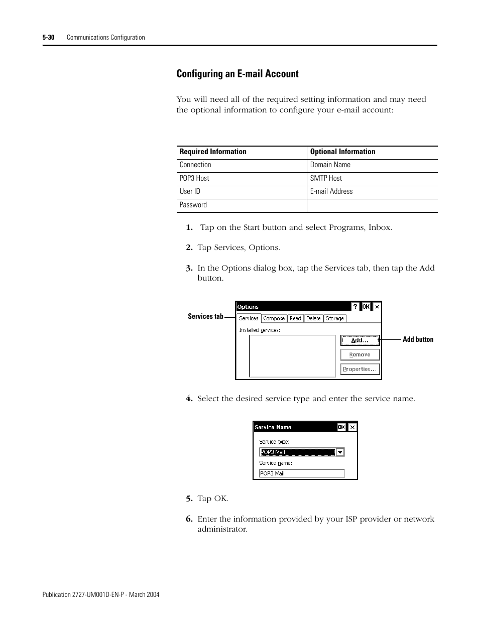 Configuring an e-mail account -30, Configuring an e-mail account | Rockwell Automation 2727-T7P30D1F MobileView Tablet T750 User Manual User Manual | Page 84 / 104