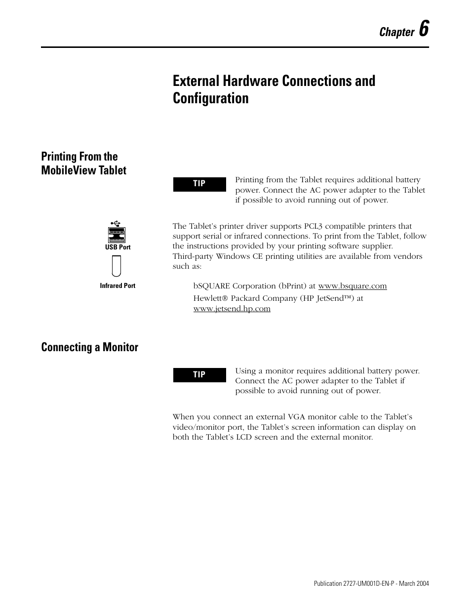 Chapter 6, External hardware connections and configuration, Printing from the mobileview tablet | Connecting a monitor, Chapter | Rockwell Automation 2727-T7P30D1F MobileView Tablet T750 User Manual User Manual | Page 87 / 104
