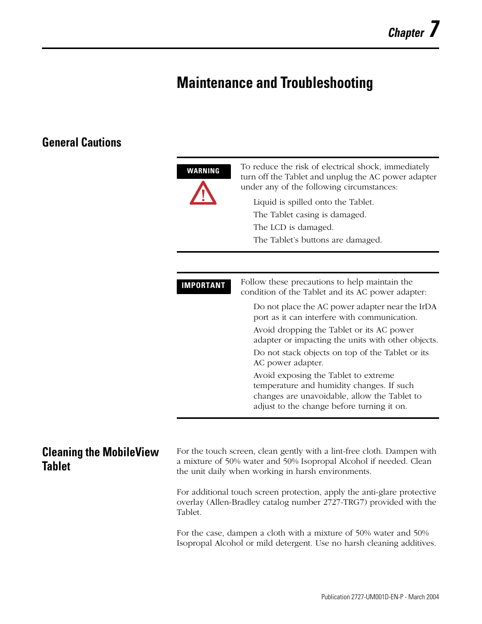 Chapter 7, Maintenance and troubleshooting, General cautions | Cleaning the mobileview tablet, Chapter, General cautions cleaning the mobileview tablet | Rockwell Automation 2727-T7P30D1F MobileView Tablet T750 User Manual User Manual | Page 93 / 104