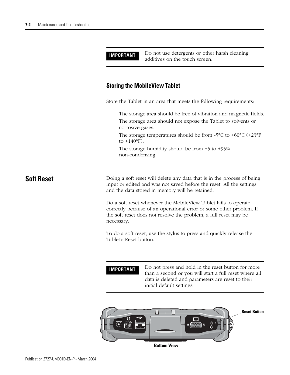 Soft reset, Storing the mobileview tablet -2, Soft reset -2 | Storing the mobileview tablet | Rockwell Automation 2727-T7P30D1F MobileView Tablet T750 User Manual User Manual | Page 94 / 104