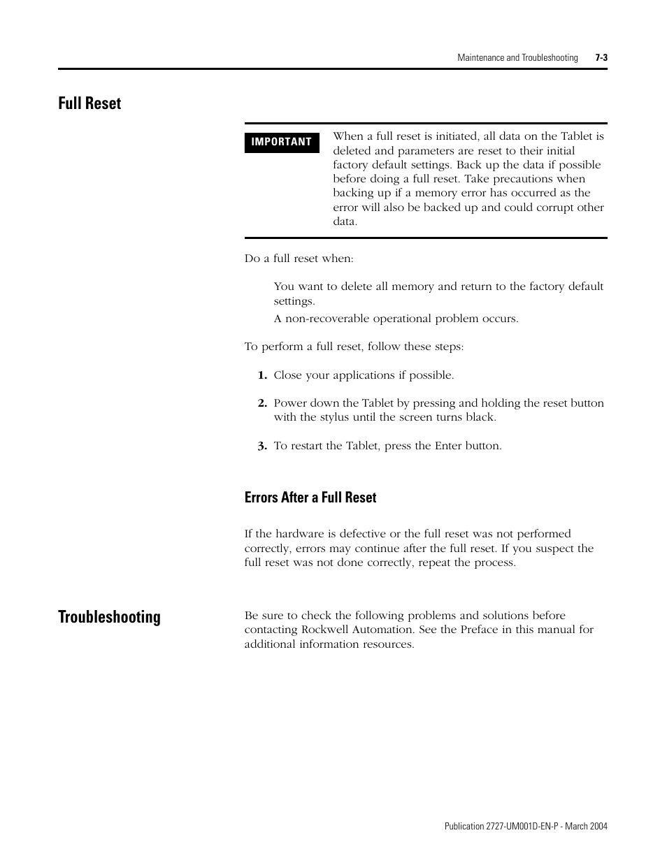 Full reset, Troubleshooting, Full reset -3 | Errors after a full reset -3, Troubleshooting -3, Errors after a full reset | Rockwell Automation 2727-T7P30D1F MobileView Tablet T750 User Manual User Manual | Page 95 / 104