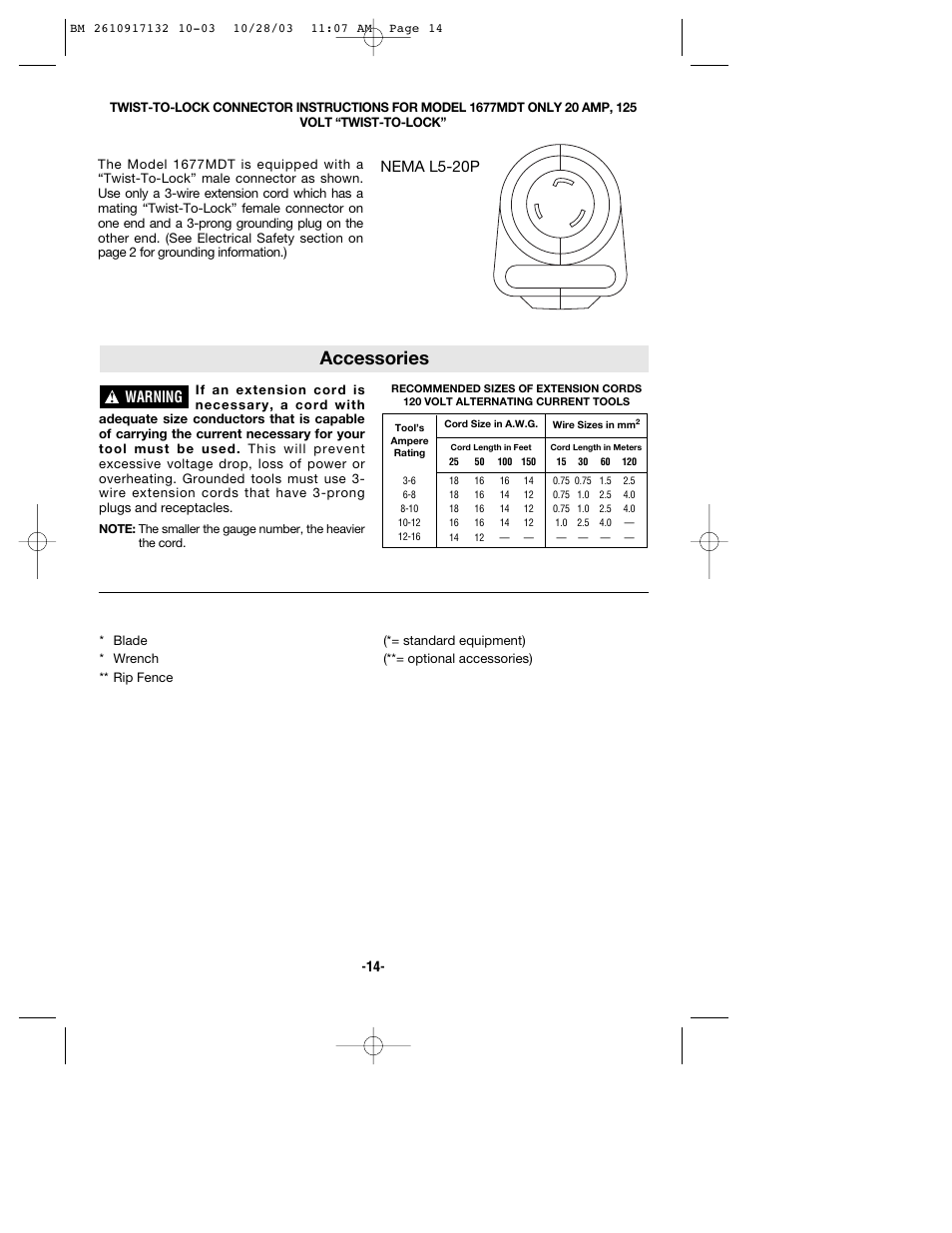 Accessories, Warning, Nema l5-20p | Bosch 1677MD User Manual | Page 14 / 44