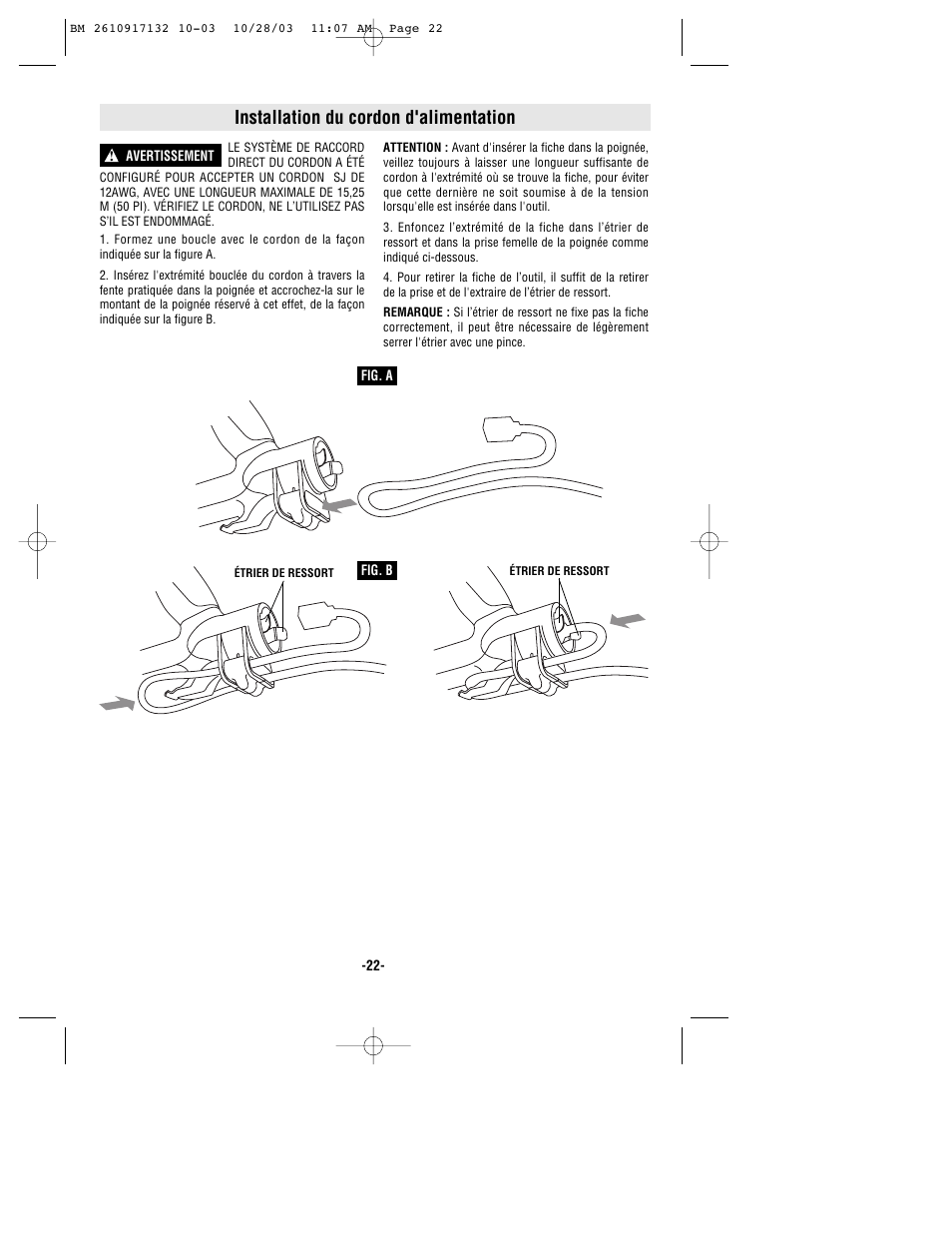 Installation du cordon d'alimentation | Bosch 1677MD User Manual | Page 22 / 44