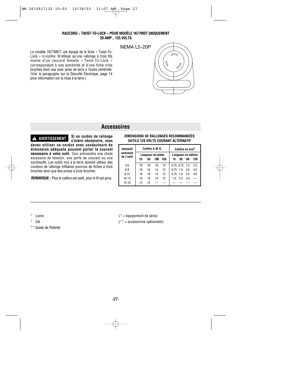 Accessoires, Nema l5-20p | Bosch 1677MD User Manual | Page 27 / 44