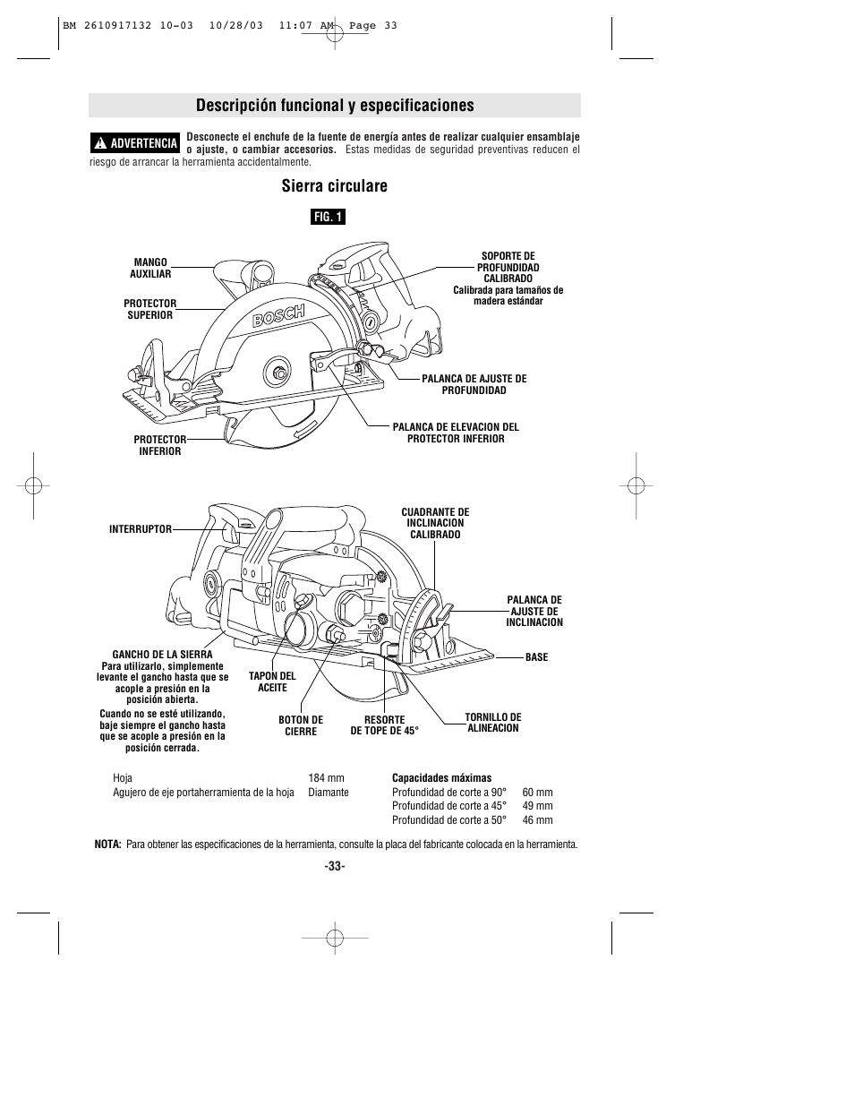 Descripción funcional y especificaciones, Sierra circulare | Bosch 1677MD User Manual | Page 33 / 44