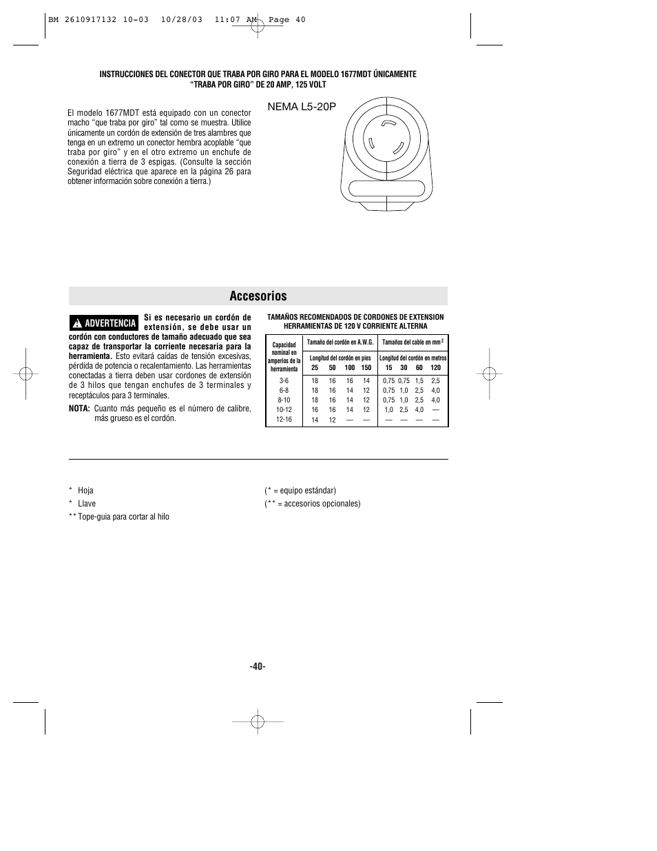 Accesorios, Nema l5-20p | Bosch 1677MD User Manual | Page 40 / 44