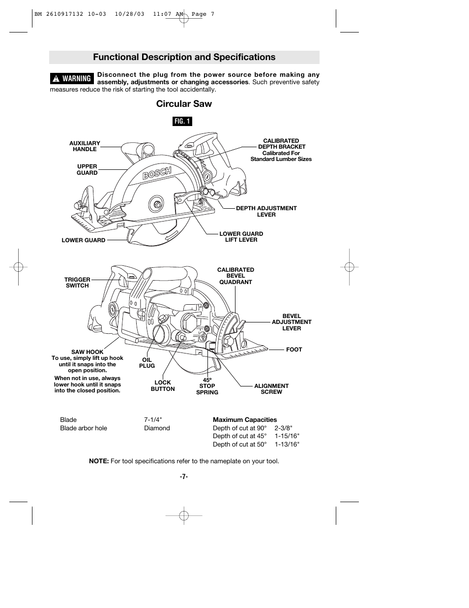 Functional description and specifications, Circular saw | Bosch 1677MD User Manual | Page 7 / 44