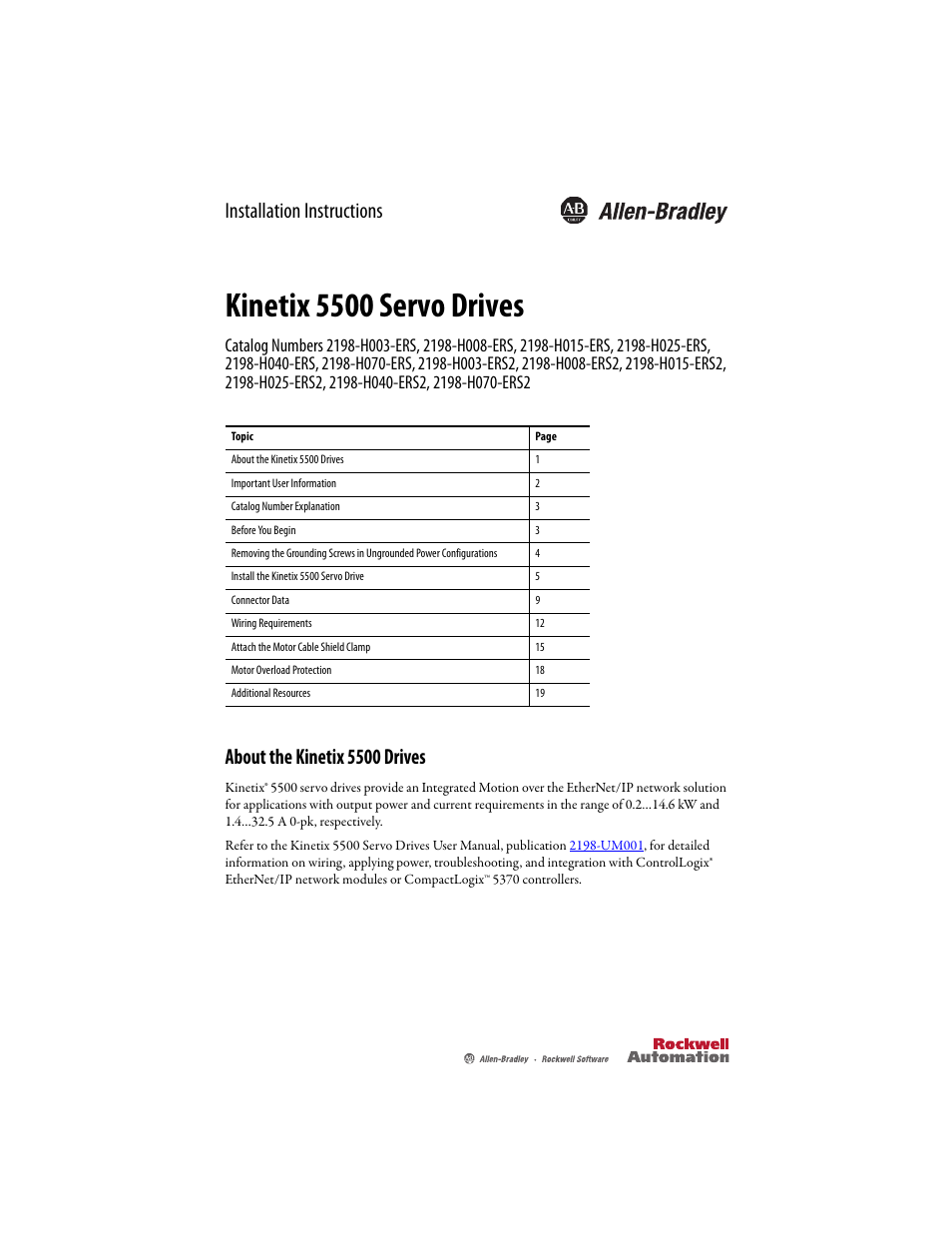 Rockwell Automation 2198-Hxxx Kinetix 5500 Servo Drives Installation Instructions User Manual | 20 pages