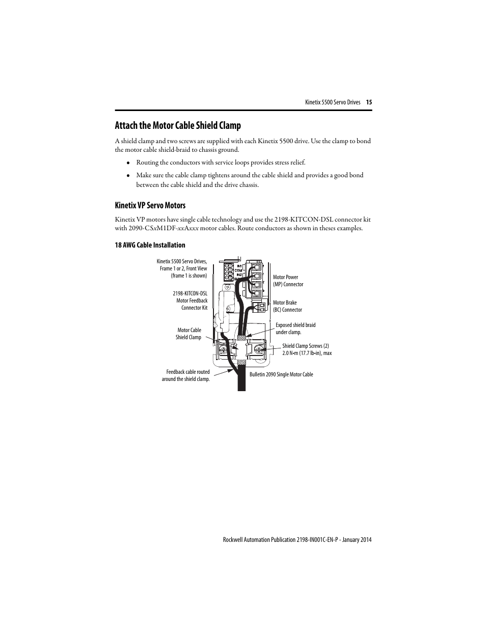 Attach the motor cable shield clamp, Kinetix vp servo motors | Rockwell Automation 2198-Hxxx Kinetix 5500 Servo Drives Installation Instructions User Manual | Page 15 / 20