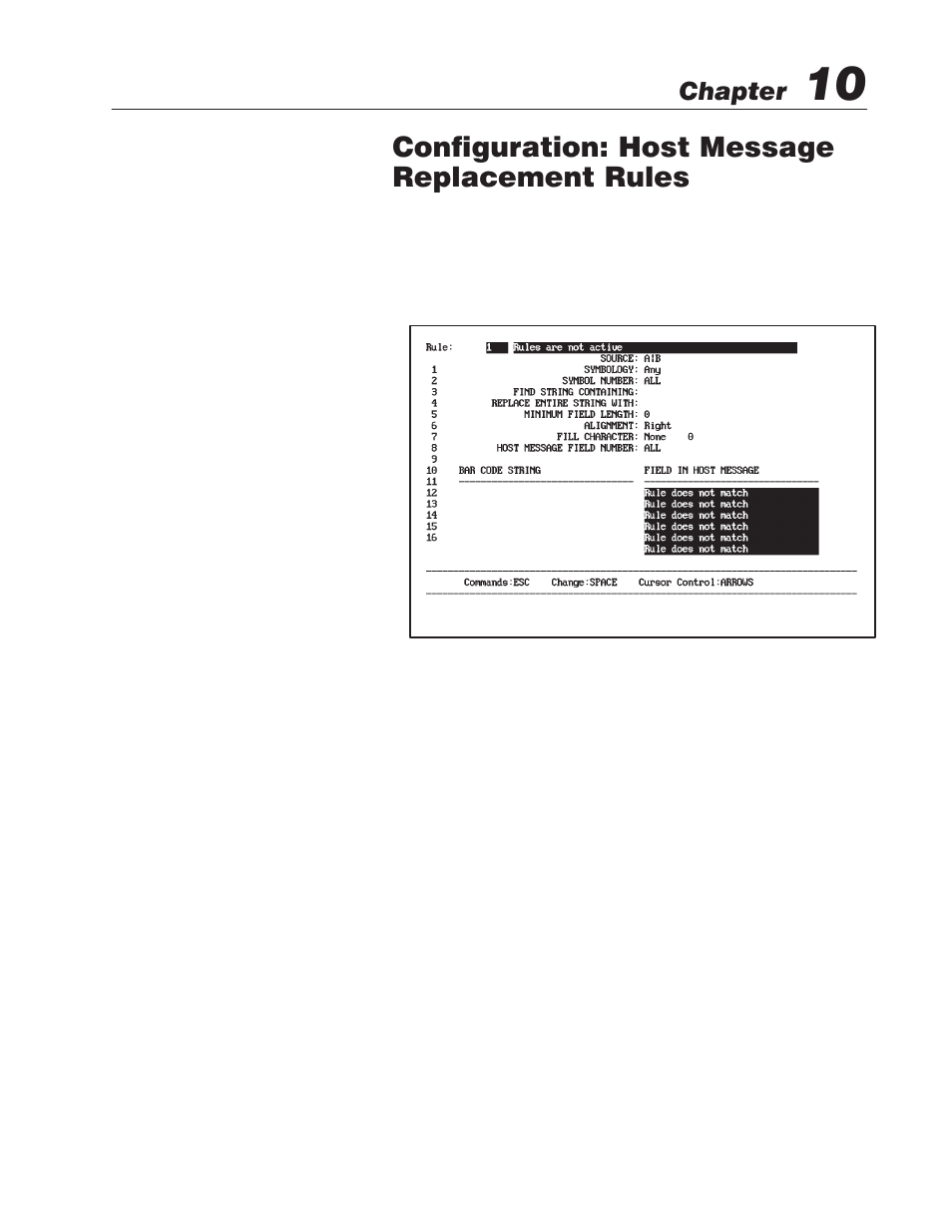 10 -configuration: host message replacement rules, Introduction to host message replacement rules, Configuration: host message replacement rules | Chapter | Rockwell Automation 2755 Enhanced Decoder Series B User Manual | Page 136 / 361