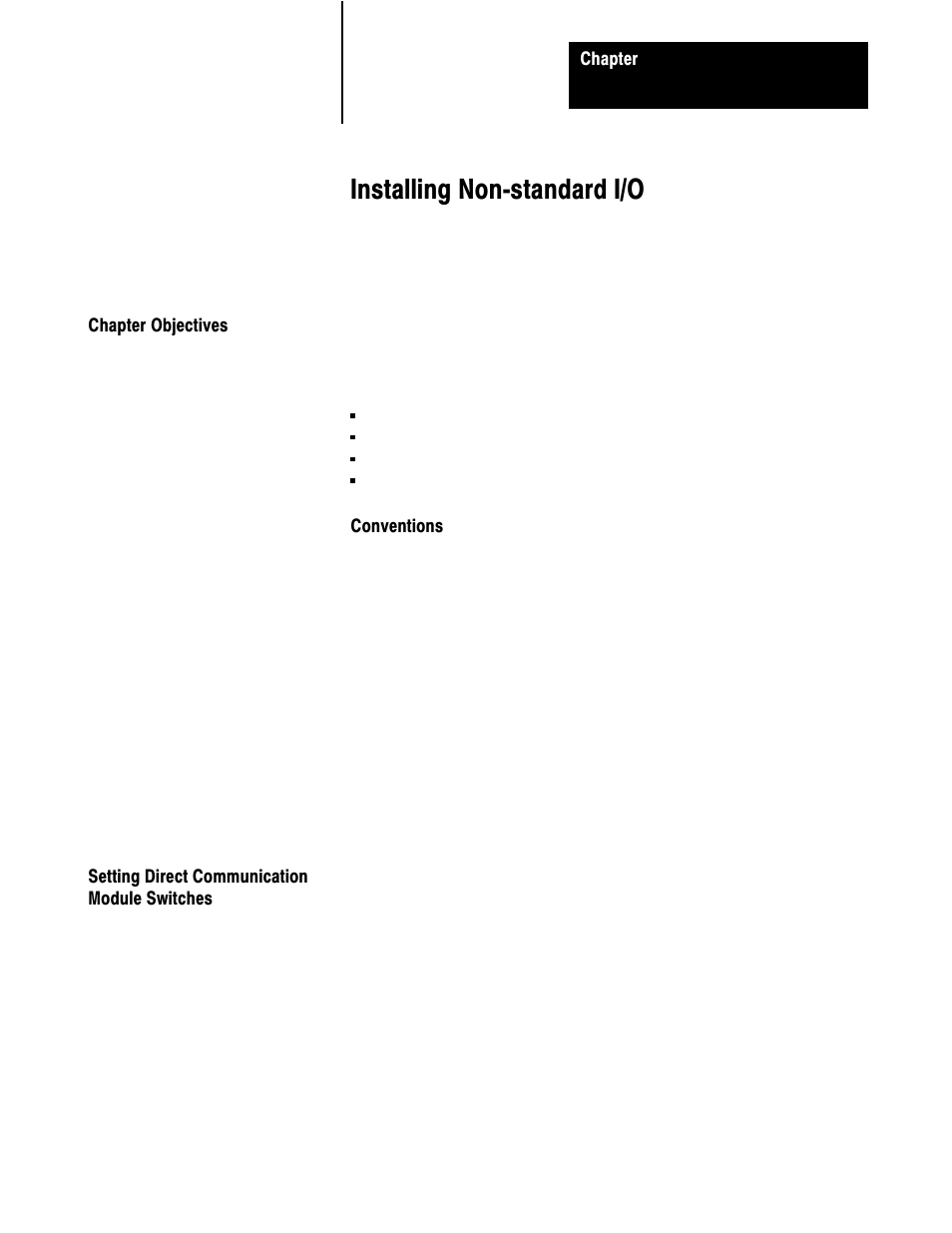 8 - installing non-standard i/o, Chapter objectives, Setting direct communication module switches | Installing nonćstandard i/o | Rockwell Automation 5000,D50006.2.10 PI INSTALLATION MANUAL User Manual | Page 108 / 207