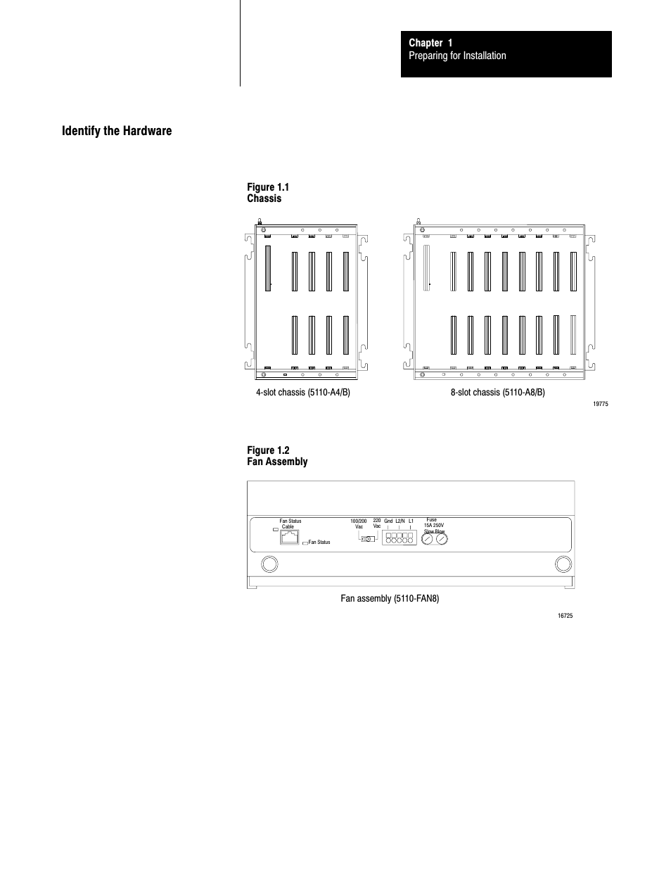 Identify the hardware, Chapter 1 preparing for installation, Figure 1.1 chassis | Figure 1.2 fan assembly | Rockwell Automation 5000,D50006.2.10 PI INSTALLATION MANUAL User Manual | Page 15 / 207