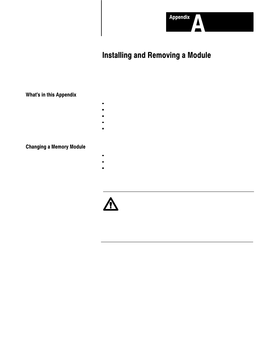 A - installing and removing a module, What's in this appendix, Changing a memory module | Installing and removing a module | Rockwell Automation 5000,D50006.2.10 PI INSTALLATION MANUAL User Manual | Page 157 / 207