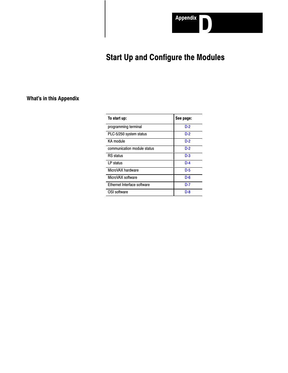 D - start up and configure the modules, What's in this appendix, Start up and configure the modules | Rockwell Automation 5000,D50006.2.10 PI INSTALLATION MANUAL User Manual | Page 192 / 207