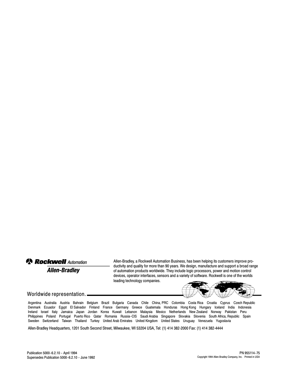 Back cover, Worldwide representation | Rockwell Automation 5000,D50006.2.10 PI INSTALLATION MANUAL User Manual | Page 207 / 207