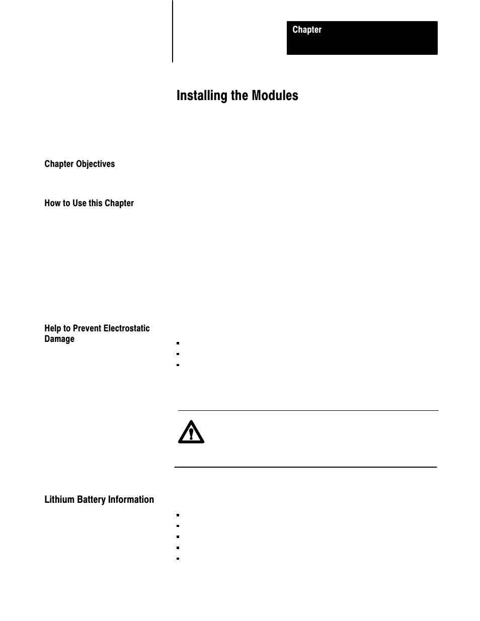 4 - installing the modules, Chapter objectives, How to use this chapter | Help to prevent electrostatic damage, Lithium battery information, Installing the modules | Rockwell Automation 5000,D50006.2.10 PI INSTALLATION MANUAL User Manual | Page 39 / 207