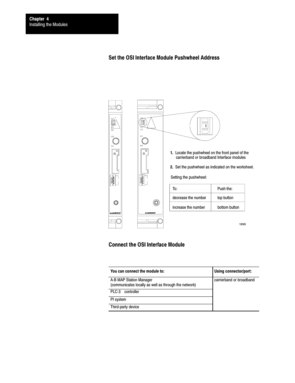 Set the osi interface module pushwheel address, Connect the osi interface module | Rockwell Automation 5000,D50006.2.10 PI INSTALLATION MANUAL User Manual | Page 66 / 207