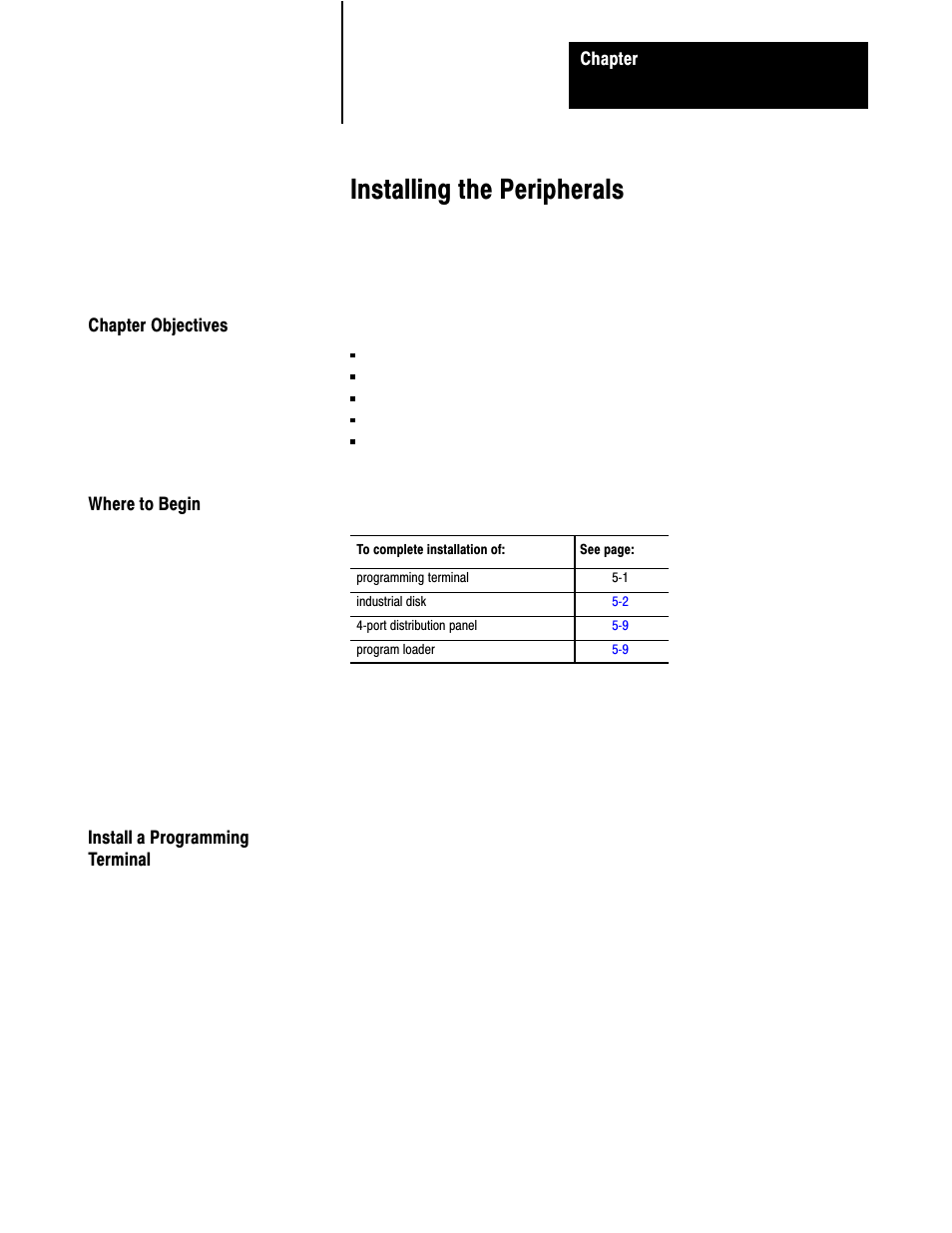 5 - installation the peripherals, Chapter objectives, Where to begin | Install a programming terminal, Installing the peripherals | Rockwell Automation 5000,D50006.2.10 PI INSTALLATION MANUAL User Manual | Page 72 / 207