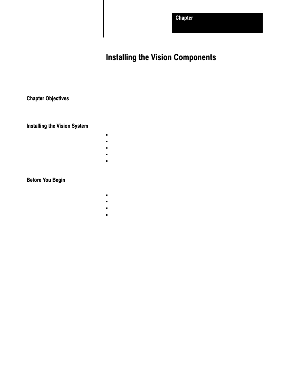 6 - installing the vision components, Chapter objectives, Installing the vision system | Before you begin, Installing the vision components | Rockwell Automation 5000,D50006.2.10 PI INSTALLATION MANUAL User Manual | Page 82 / 207