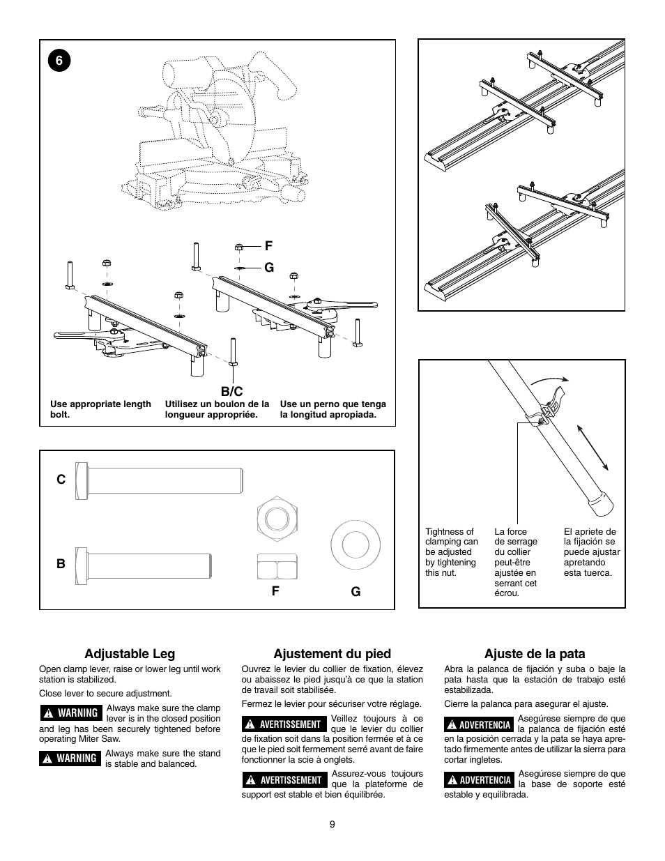 Adjustable leg, Ajustement du pied, Ajuste de la pata | Fg b/c, Cb f g | Bosch TRACRAC T3B User Manual | Page 9 / 16