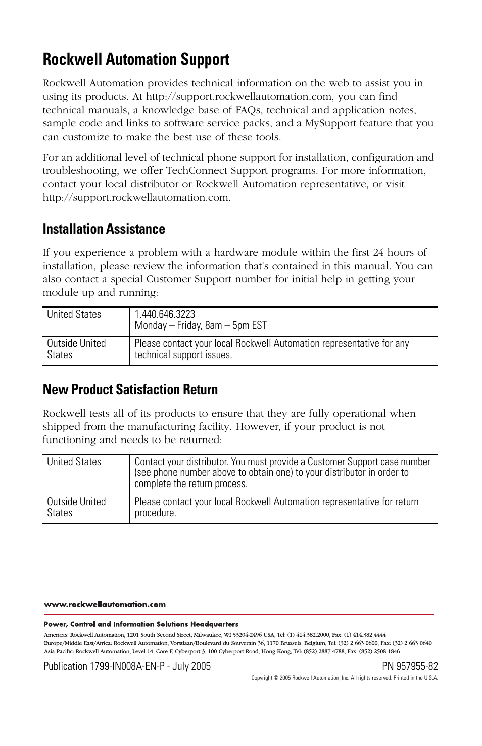 Rockwell automation support, Installation assistance, New product satisfaction return | Rockwell Automation 1799-D12G12GL 12 Input/12 Output Discrete Embedded I/O User Manual | Page 24 / 24