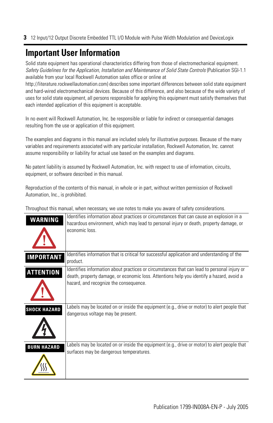 Important user information | Rockwell Automation 1799-D12G12GL 12 Input/12 Output Discrete Embedded I/O User Manual | Page 3 / 24