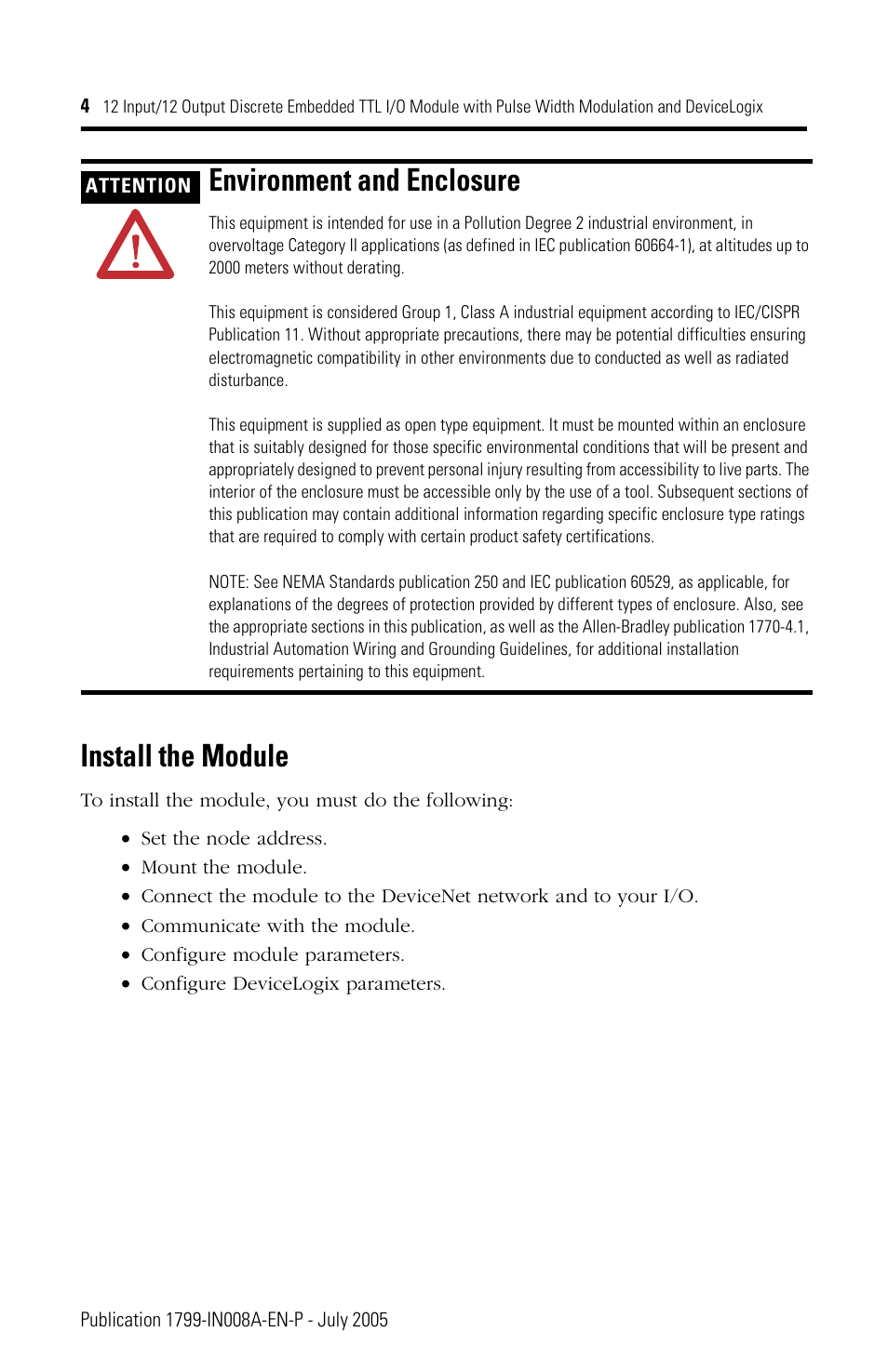 Install the module, Environment and enclosure | Rockwell Automation 1799-D12G12GL 12 Input/12 Output Discrete Embedded I/O User Manual | Page 4 / 24
