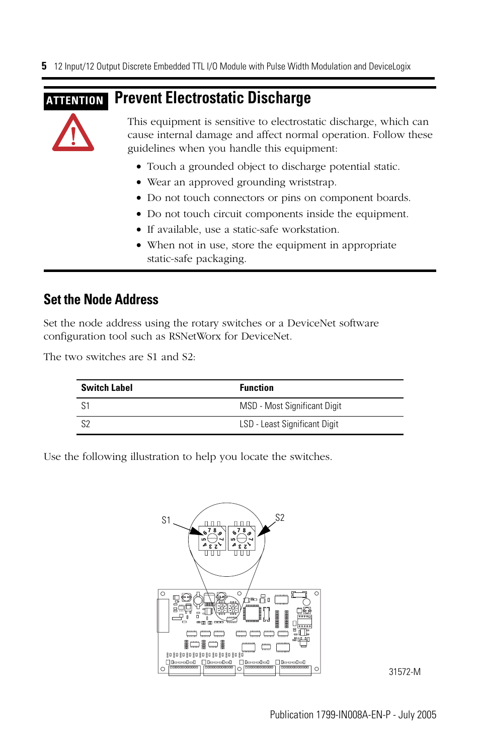 Prevent electrostatic discharge, Set the node address | Rockwell Automation 1799-D12G12GL 12 Input/12 Output Discrete Embedded I/O User Manual | Page 5 / 24