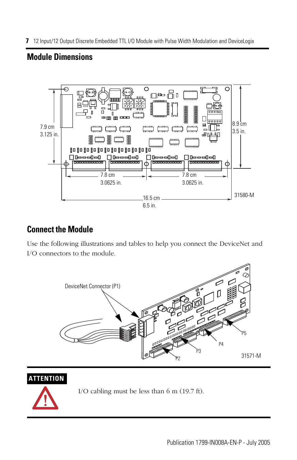 Module dimensions connect the module | Rockwell Automation 1799-D12G12GL 12 Input/12 Output Discrete Embedded I/O User Manual | Page 7 / 24