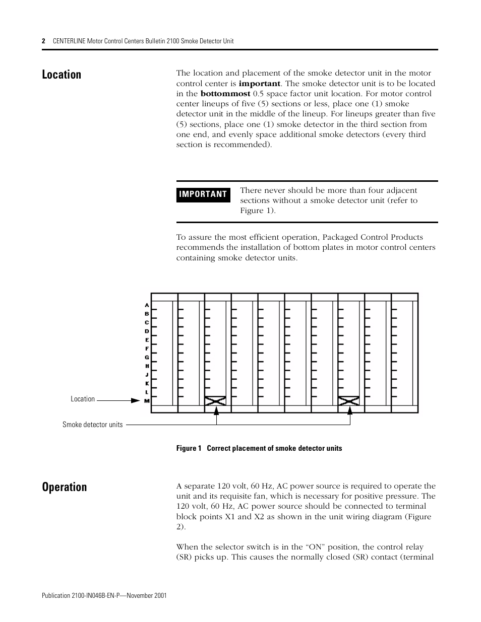 Location, Operation | Rockwell Automation 2100 CENTERLINE Smoke Detector Unit User Manual | Page 2 / 7