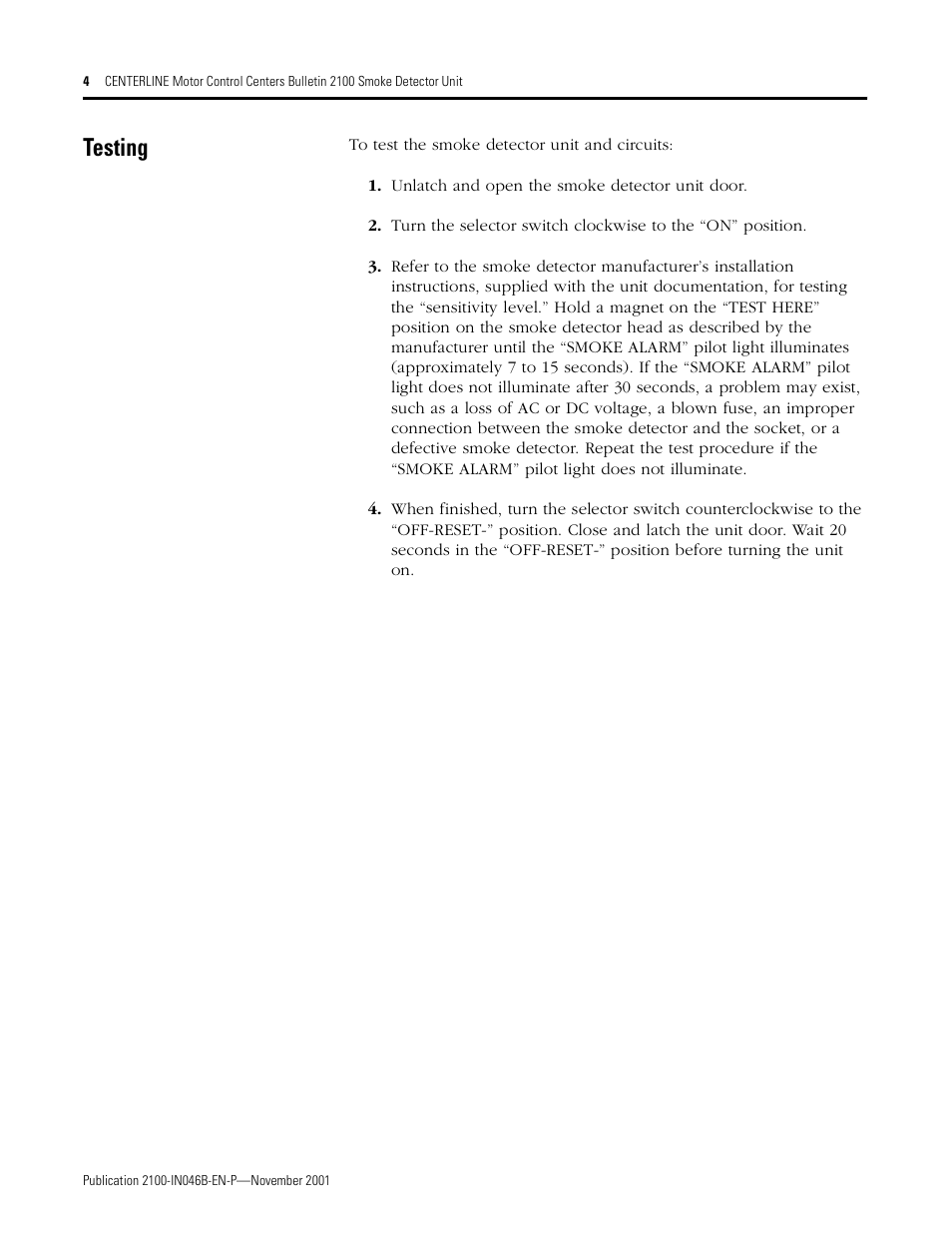 Testing | Rockwell Automation 2100 CENTERLINE Smoke Detector Unit User Manual | Page 4 / 7