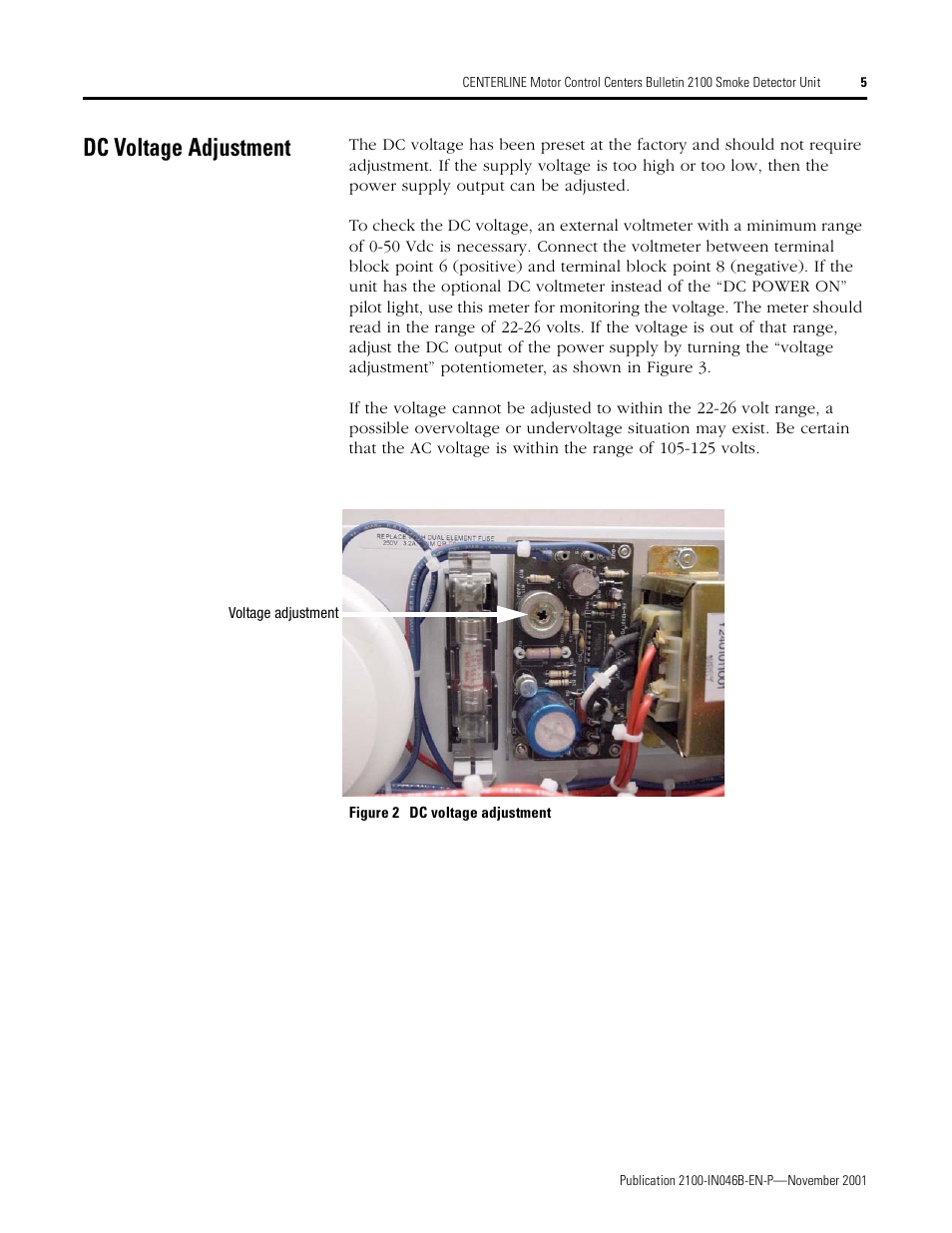 Dc voltage adjustment | Rockwell Automation 2100 CENTERLINE Smoke Detector Unit User Manual | Page 5 / 7