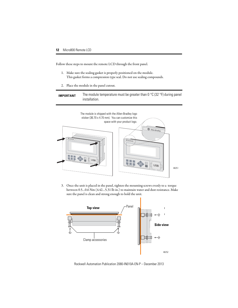 Top view side view panel, Clamp accessories | Rockwell Automation 2080-REMLCD Micro800 Remote LCD Installation Instructions User Manual | Page 12 / 24