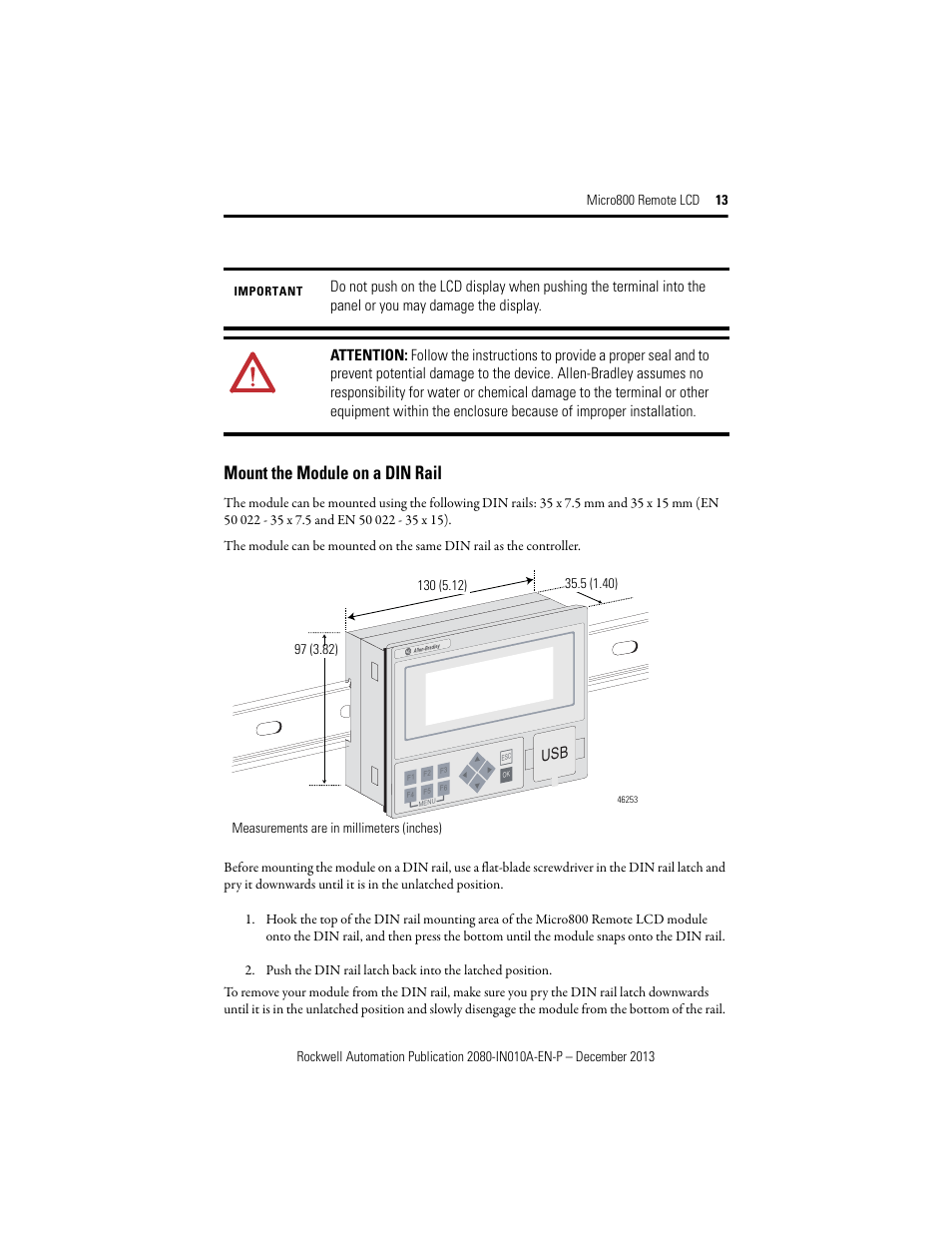 Mount the module on a din rail | Rockwell Automation 2080-REMLCD Micro800 Remote LCD Installation Instructions User Manual | Page 13 / 24